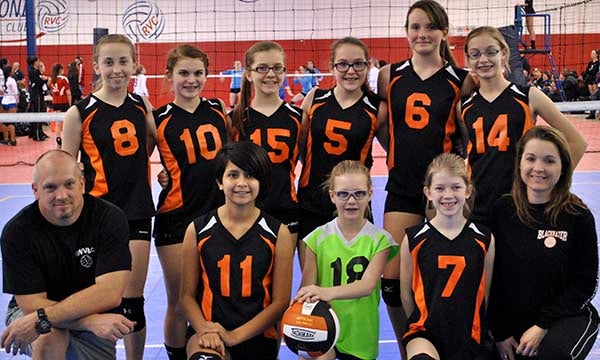 Blackwater Volley Ball Club 13U team members, are from left in front, Coach Chad Brock, Toni Robertson, Kaylee King, Macy Harrup and Coach Fannie Byrd; and in back, Megan Tharrington, Madison Wright, Jamie Cogsdale, Megan Schwab, Emma Drake and Taylor Rountree. -- SUBMITTED