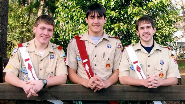 Chad Benton, from left, Grant Scarboro and Scott Davis earned their Eagle Scout rank on Jan. 12. -- CONTRIBUTED