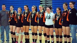 Blackwater Volleyball Club recently competed in two tournaments in Richmond and Salem. Pictured is, from left, Coach Frank Seal, Brooke Whitley, Samantha Billups, Grayson Drake, Samantha Dunn, Katelyn Newsome, Allison Griggs, Jessica Blythe, Madeleine Kahle and Coach Crystal Butler.-- Submitted
