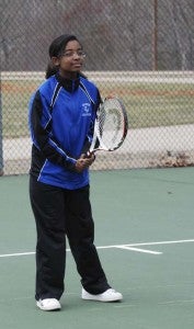 Selena Johnson of Southampton Academy recently picked up her first win of her high school career in doubles with Rachel White when they played against Blessed Sacrament Huguenot. -- SUBMITTED/JOANN GATTEN