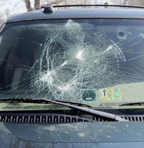 The windshield of Betty Howe’s Tahoe in Franklin was damaged some time last Wednesday night by an unknown person or persons. Her husband, Dan Howe, added there was some minor damage to the car’s hood where the brick hit after bouncing off of the windshield. -- SUBMITTED/DAN HOWE