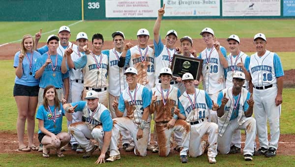 Tidewater Academy celebrates its first state championship in baseball, after defeating Fuqua 3-0 in the VISAA Division III finals on Saturday. -- Submitted/Amy Carroll
