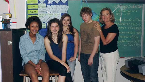 J.P. King Jr. Middle School students and members of Project Pollution Preventers, working to solve a global problem locally for the Community Problem Solving Project are, from left, Summer Winston, Cindy Mitrovic, Angela Bird, Joel Kreider and Coach Patti Rabil. (Not pictured is member NyJey Pope). -- LUCY WALLACE/TIDEWATER NEWS