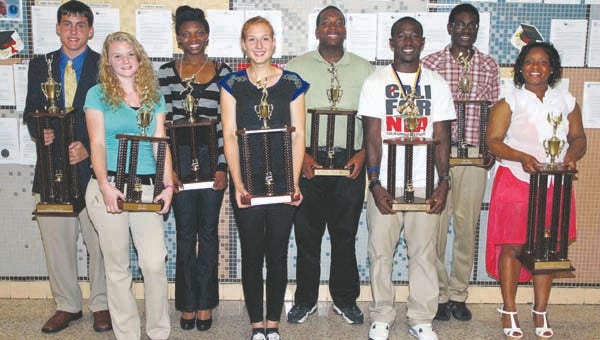 The annual Franklin High School spring sports awards were held Monday night. Here are, from left, front, Cairlyn Morris, softball; Kate Vogel, girl’s tennis; Travis Brown, boys track; Jeanetta Sessoms, Bronkette Award and back row, from left, Grant Scarboro, Bronco Award; Jayla Cross, girls track; Tevin Sumblin, baseball; and William Jackson, boys tennis. -- FRANK A. DAVIS/TIDEWATER NEWS