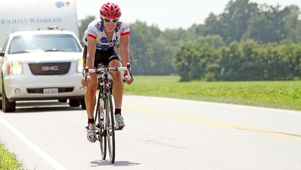 Patrick Acker of Richmond came through Franklin on Wednesday in his journey from San Francisco to Virginia Beach. He and Morgan Bissell of Ocean City, Md., have been raising money for cancer. -- Cain Madden | TIdewater News