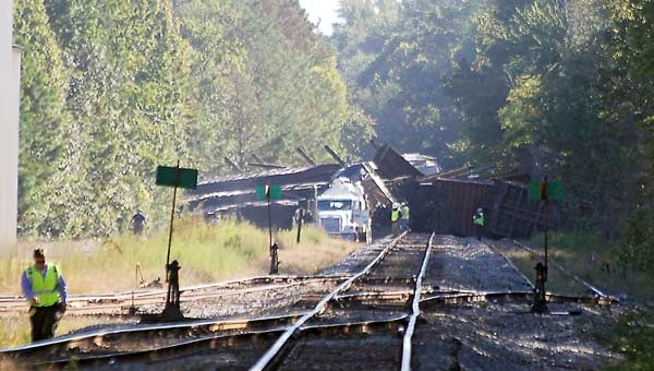 The derailed train and cleanup crews pictured from the railroad crossing at Shady Brook Road. -- CAIN MADDEN | TIDEWATER NEWS