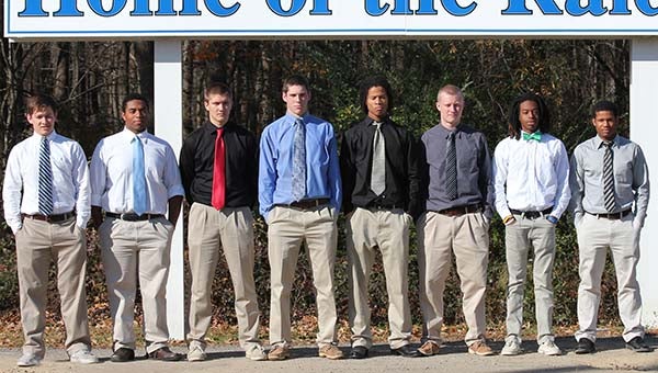 Several Southampton Academy Raider players received all-state and all-conference honors. From left, Colin Swenson, defensive end; Greg Johnson, offensive guard; Triston Holland, tight end; Matt Rose, quarterback; Tonee HIll, running back; Ethan Edwards, linebacker; Cam Hines, defensive back; and Paul Parker, defensive end. -- SUBMITTED | TERRY BELL