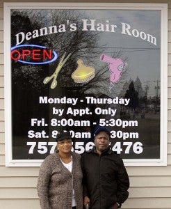 Deanna Williams with her husband, Anthony David William Sr. in front of her shop, Deanna’s Hair Room on 200 Jackson Street in Franklin. -- CAIN MADDEN | TIDEWATER NEWS