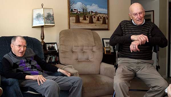Friends since WWII, George Davis, left, and Robert Doty, both 87, were recently reunited in Franklin. -- CAIN MADDEN | TIDEWATER NEWS