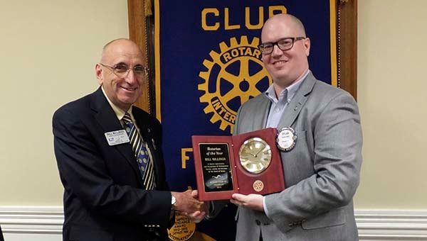 Bill Billings, left, receiving the E.R.M. (Mac) Coker Rotarian of the Year Award from Franklin Rotary Club President, Dr. Dylan Belt. -- SUBMITTED