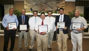 Clinton Holloway, left, Bob Rogers, Brad Monahan, Kevin Monahan, Drew Monahan, Jason Hodges and Jared Webb. Not pictured winners are Hosea Smith, Scott Higgs, Maynard Grizzard, Richard Short and Glenn Moore. -- SUBMITTED