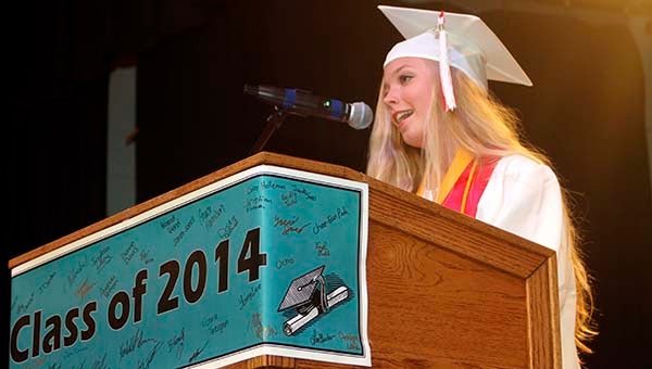 Jessica Atkins delivers her farewell address. -- Cain Madden | Tidewater News