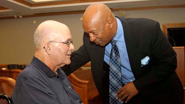 Ward 3’s Greg McLemore speaks with Don Blythe, who represented ward 6 from 2010 to 2014. -- CAIN MADDEN | TIDEWATER NEWS