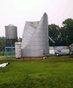 A grain silo near Capron was damaged by Thursday's storm. -- SUBMITTED