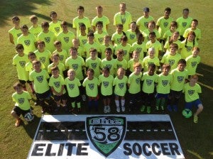 Forty-eight area children connected with Coaches Jamie Weist, Clay Hyatt and Danny Dillon two weeks ago to improve thier skills at the annual Elite 58 soccer camp. -- SUBMITTED