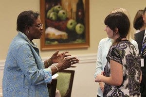 Edna King talks with new first-grade teacher Keri Milner, who has been teaching for eight years. -- Cain Madden | Tidewater News