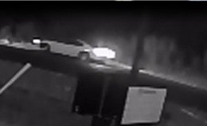 A white car, believed to be a Dodge Charger, is seen on security footage gathered by the Southampton County Sheriff's Office. The car is believed to be involved in the theft of lawnmowers. -- Submitted