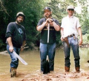Howard Tillery, left, Scott Sexton and John Railey at The High Point Enterprise newspaper in the mid-1990s, actually got paid to explore North Carolina’s Deep River. -- SUBMITTED | HOWARD TILLERY
