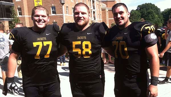 From left to right, No. 77 Nick Powell, tackle; No. 58 Justin Daniels, Guard; and No. 70 Lance Wall, center. The three Windsor Duke graduates started together on the offensive line this past Saturday in Randolph Macon’s 34-20 win against Sewanee. -- SUBMITTED | MARY POWELL