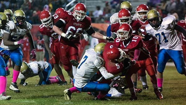 Coby Williams gets a push from Tyran Hunt as he fights for more yards. -- MURRAY THOMPSON | TIDEWATER NEWS