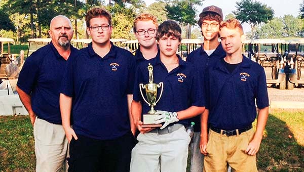 The 2014 Conference 41 Champion Franklin Broncos Golf Team. From left, Coach Dave Lease, junior Timothy Kreider, sophomore Chance McCoy, sophomore Brandon Blythe, junior Jacob Geary and sophomore Connor Shanks. -- SUBMITTED