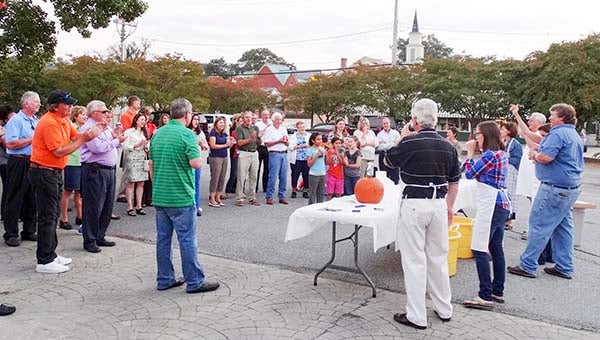 Judging of the pumpkin-carving contest was done by audience applause at the Fourth Annual MemberFest, sponsored by the Franklin-Southampton Area Chamber of Commerce. All three teams won trophies in the three-way tie. -- COURTESY - FRANKLIN-SOUTHAMPTON AREA CHAMBER OF COMMERCE
