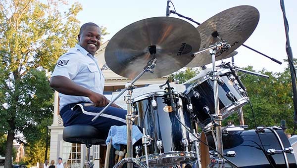 Tech Sgt. Ed Willliams on drums for the Rhythm in Blues Jazz Ensemble. The 15-piece group, a component of the Air Force’s Heritage of America Band, will perform a free concert on Saturday, Nov. 8, beginning at 7 p.m. in Franklin High School. -- SUBMITTED