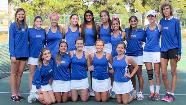 The 2014 Lady Saints of Nansemond Suffolk Academy. Far left, top row, Lindsay Raulston, the head coach and Franklin native, was named Coach of the Year for VISAA Div. II Girl’s Tennis. -- SUBMITTED