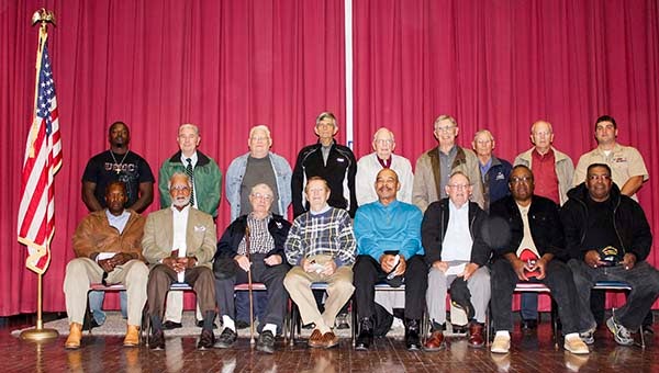 Several veterans from the Capron community and beyond were present at the school’s Veterans Day program on Monday. Front row, from left: Donnie Whitfield, Ernest Claude, John Edward Fox, David Easterling, Samuel Parker, William Poole, David Warren and Earl Warren; and back, Sam Rawlings, Calvin Ricks, Ernest Bryant, Paul Simmons, Pete Jarratt, Trent Fox, Ellis Cobb, Emerson Burgess, Lee Bustin. -- SUBMITTED