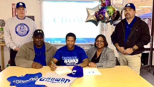 Paul Parker recently signed to play baseball for the Chowan Hawks. From left, Athletic Director Dale Marks, Lloyd Howard, Paul Parker, Paula Howard and Coach Tim Nixon.  -- SUBMITTED