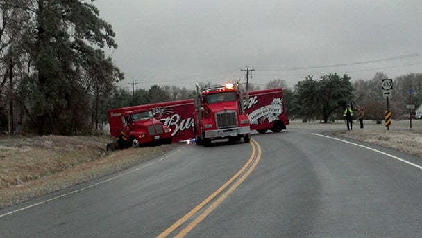 A jackknifed Budweiser truck ended up in the ditch on Walters Highway following the recent ice storm.