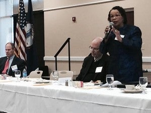 Del. Roslyn Tyler (D-75), answers a question during the Richard J. Holland Pre-Legislative Breakfast on Thursday in The Smithfield Center. Photo by Stephen Cowles.