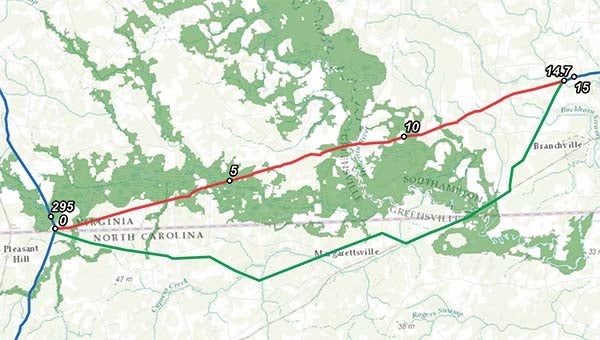 This map shows the route of the proposed Atlantic Coast Pipeline. The blue vertical line shows the path from West Virginia into North Carolina. The lateral red line is the Meherrin River baseline, and the green is the alternative route. -- SUBMITTED