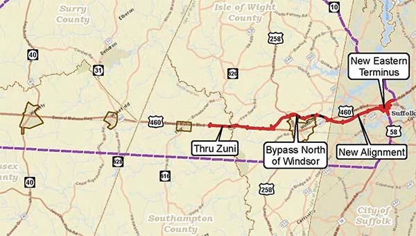 The new alternative proposed by officials includes a new four-lane divided highway from the Suffolk bypass to the west of Windsor, with a new bypass to the north of that down. West of Zuni, the existing road would be upgraded, including a new bridge over the Blackwater River. -- SUBMITTED