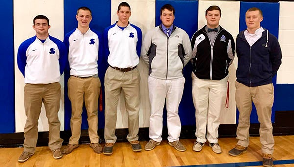 Several Southampton Academy football players earned All-Conference and three of them received All-State nods. From left, Nate Williams, Harrison Pope, Matt Rose, Caleb Bradshaw, Alex Hasty and Ethan Edwards. Not pictured is Roy Hill.