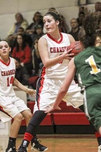 Isle of Wight’s Gabriella Hooper pulls down an offensive rebound and looks to push it out. She has led the Chargers in scoring over the past four games, averaging 14 points. -- Cain Madden | Tidewater News
