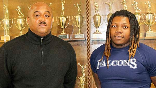 On March 18, former Bronco Terry Warren II visited Franklin High School head football coach Darren Parker while on spring break. Warren now attends St. Augustine’s University on a football scholarship. -- SUBMITTED | SUZANNE BLYTHE