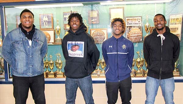 Several Franklin High School Broncos were awarded all-conference and all-district honors. From left, Domique Gainey, Darrien Duck, Quentin Lowe and Corey Porter. -- SUBMITTED | SUZANNE BLYTHE