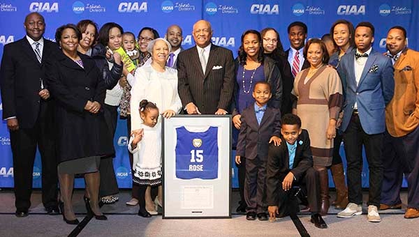 MEAC Supervisor of Officiating and Courtland resident Larry Rose surrounded by family after being named to the CIAA Hall of Fame. -- FRANK DAVIS | TIDEWATER NEWS