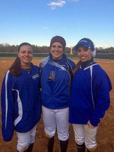 From left, Kara Beth Poole, Brooke Mizelle and Ashten Hinkle were named to the all-tournament team in the Cougar-Saint North/South Challenge to Strike Out Cancer. -- Submitted