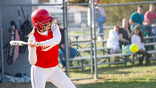 Shortstop Skyler Bagnell looks to connect earlier this season against Windsor. She was perfect on Tuesday with a double and triple. -- Cain Madden | Tidewater News