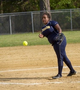 Franklin’s Kaliyah Walloe  pitches for the second time. - Cain Madden | Tidewater News