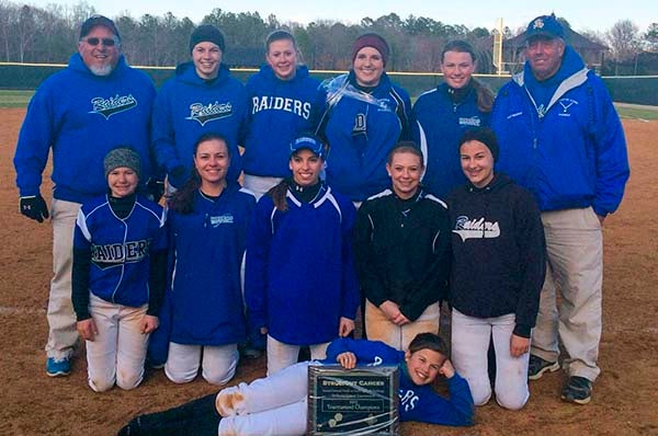 The 2015 Southampton Academy Lady Raiders. Front, stretched out is a very special bat girl Kaylen Cales; Middle, from left, Kelly Ferguson, Kara Beth Poole, Ashten Hinkle, August Ringer and Avery Pope; back, coach Scott Speight, Mason Pope, Megan Vincent, Brooke Mizelle, Allison Matthews and head coach Jeb Bradshaw. -- SUBMITTED