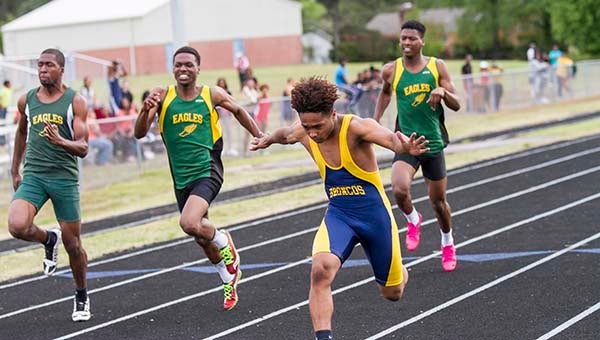 Franklin’s Javonte’ Baker looks to get an extra boost of speed as he crosses the finish line. At the VHSL 1A Conference 41 track meet, he posted a first place time of 11.3 seconds in the 100-meter. Baker has already qualified for the State Tournament.