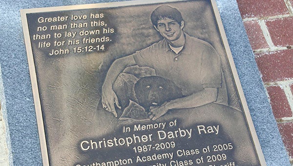 A dedication to Christopher D. Ray, who died in Aug. 2009. The sixth-annual fishing tournament in his honor will take place on Saturday, June 20. Proceeds from the tournament help raise scholarships for high school and college students pursuing a career in public safety. -- FILE PHOTO