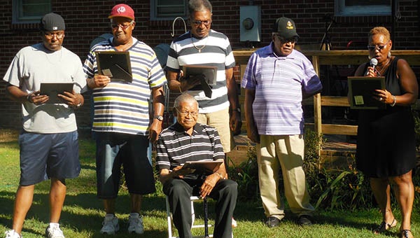 On Aug. 1, the Stith family hosted their annual Brothers’ Party/Reunion for the 40th year in Zuni. From left are Troy Stith (standing in for his late father, Harold Stith), Robert “Buck” Stith, Henry “Shot” Stith, James “Dick” Stith. In front is Charles Stith. With them is Velma S. Briggs of Richmond, niece of the four living brothers. She gave each a framed copy of the history of the Brothers’ Party. SUBMITTED | VELMA BRIGGS