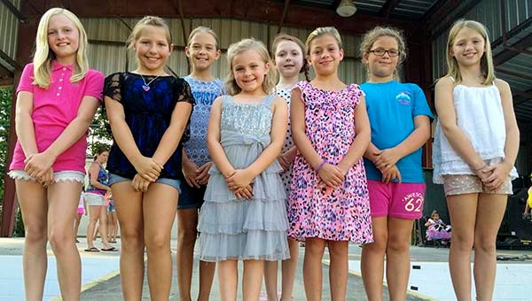 The contestants in the Junior Miss category of the Little Miss Franklin-Southampton County Fair Pageant are, from left: Avery Bowen, 10, of Ivor; Briana Porter, 10, of Ivor; Taylor Ann, 10, of Franklin; Ava Raiford, 8, of Courtland; Kara Hatfield, 9, of Franklin; Kirby O’Donnell, 9, of Courtland; Heaven Campbell, 9, of Branchville; and Elizabeth Nurney, 10, of Capron. Not present was Jordyn Roberton, 8. -- Stephen H. Cowles | Tidewater News