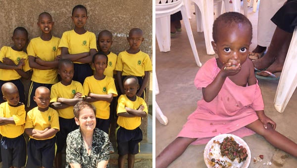 Left: Nancy Strachan with students at the Mybo village school in Rwanda. Right: A hungry child being fed by a program supported by Rwandan HUGS in Kigali, Rwanda. Rwandan HUGS provided seeds, tools, land and fertilizer for women to use to grow fresh vegetables. -- SUBMITTED