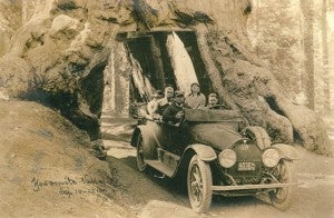 This photo shows Paul D. Camp, center left, with his wife, Ella, and their son, Ryland, seated in front with the chauffeur, Jim Diggins. In back is either Ruth or Ella. They were photographed at Yosemite Valley on Sept. 10, 1915. -- SUBMITTED | CLYDE PARKER