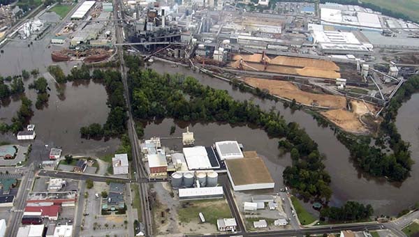 An aerial view of Franklin following the Oct. 10, 2006, flood. The Blackwater River crested just below the 23-foot record water line set from the 1999 Hurricane Floyd flood. -- SUBMITTED | JEFF TURNER